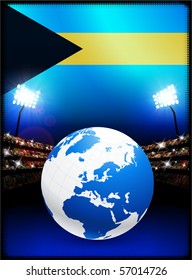 Bandeira das Bahamas com globo no fundo do estádio Ilustração original