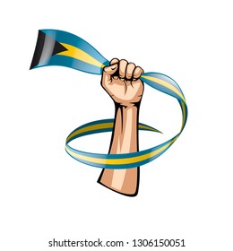 Bahamas flag and hand on white background. Vector illustration