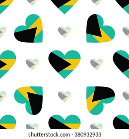 Bahamas flag heart seamless pattern. Patriotic Bahamas flag background. Country flag in the shape of heart. Vector seamless pattern.