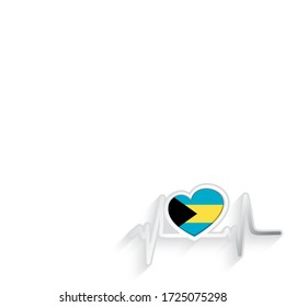 Bahamas flag heart shaped and heartbeat line isolated on white. Bahamas Patriotic Background. Vector illustration.