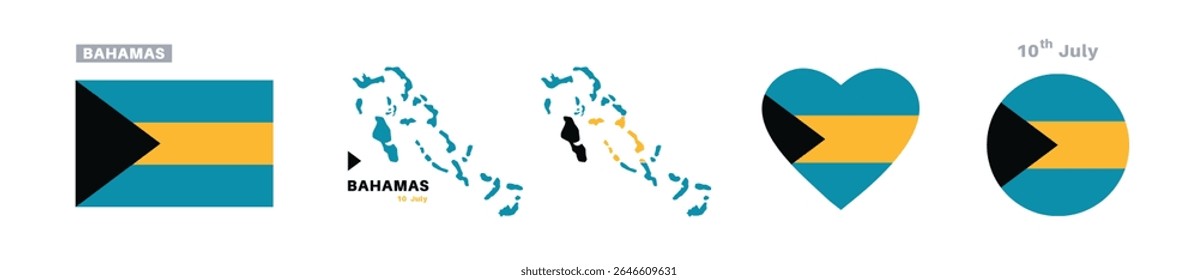 bahamas flag and map set. bahamas flag in official colors and proportions. independence day 10 july, map, circle and heart shaped bahamas	
