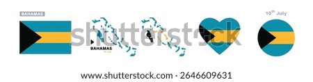 bahamas flag and map set. bahamas flag in official colors and proportions. independence day 10 july, map, circle and heart shaped bahamas	