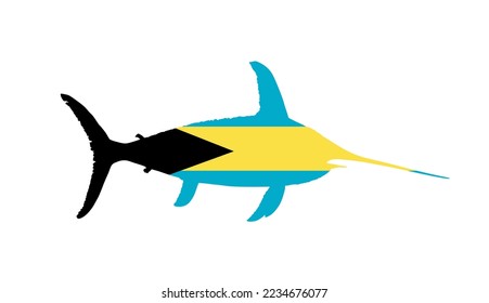 Bahamas flag over swordfish vector silhouette illustration isolated on white background. Bahamas flag over blue Marlin fish national animal banner symbol. Patriotic emblem of paradise America islands.