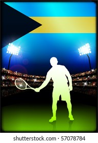 Bahamas Flag with Tennis Player on Stadium Background Original Illustration