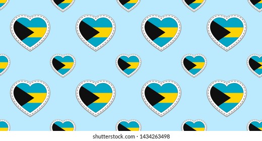 Bahamas flags background. Bahamian flag seamless pattern. Vector stickers. Love hearts symbols. Good choice for travel, patriotic, geographic, elements. patriotic wallpaper.