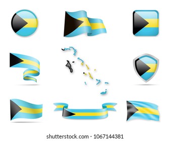 Bahamas Flags Collection. Flags and contour map. Vector illustration