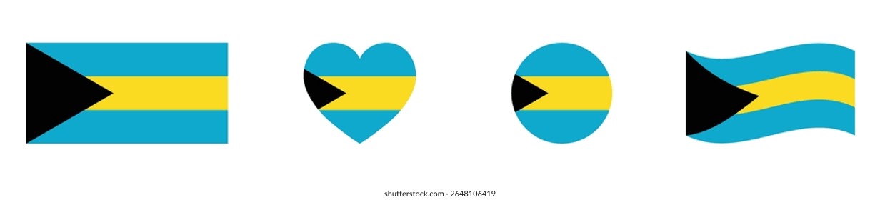 The Bahamas flags set in square, heart, circle and waving formats designs element. The Bahamas flags collection. Set of Bahamas flags icons isolated on white background. Vector illustration.