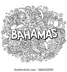 Bahamas hand drawn cartoon doodles illustration. Funny travel design. Creative art vector background. Handwritten text with exotic island elements and objects. Sketchy composition