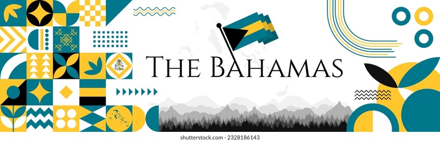 The Bahamas Independence Day abstract banner design with flag and map. Flag color theme geometric pattern retro modern Illustration design. Blue and Yellow flag color template.