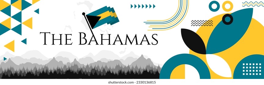 The Bahamas Independence Day abstract banner design with flag and map. Flag color theme geometric pattern retro modern Illustration design. Blue and Yellow flag color template.