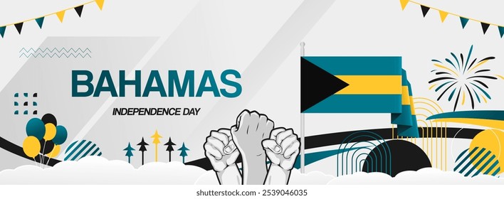 Bahamas independence day festive banner. Vibrant modern templates for holiday celebration, greeting card, billboard, and sport event backdrops. July 10th. Happy national day of Bahamas