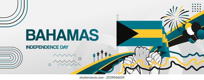 Bahamas independence day festive banner. Vibrant modern templates for holiday celebration, greeting card, billboard, and sport event backdrops. July 10th. Happy national day of Bahamas