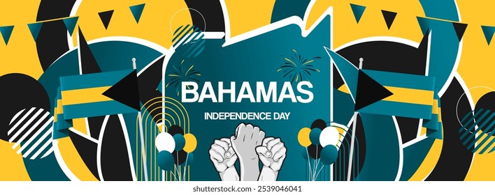 Bahamas independence day festive banner. Vibrant modern templates for holiday celebration, greeting card, billboard, and sport event backdrops. July 10th. Happy national day of Bahamas