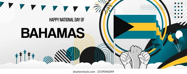 Bahamas independence day festive banner. Vibrant modern templates for holiday celebration, greeting card, billboard, and sport event backdrops. July 10th. Happy national day of Bahamas