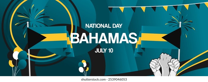 Bahamas independence day festive banner. Vibrant modern templates for holiday celebration, greeting card, billboard, and sport event backdrops. July 10th. Happy national day of Bahamas