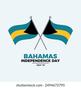 Bahamas Independence Day poster vector illustration. Two crossed Bahamas flags on a pole icon. Bahamian waving flag symbol. Template for background, banner, card. July 10. Important day