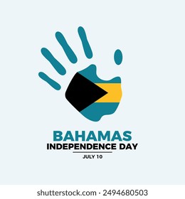 Bahamas Independence Day poster vector illustration. Bahamas flag handprint icon. Bahamian flag hand symbol. Template for background, banner, card. July 10. Important day
