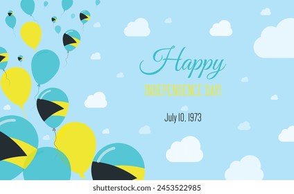 Bahamas Independence Day Sparkling Patriotic Poster. Row of Balloons in Colors of the Bahamian Flag. Greeting Card with National Flags, Blue Skyes and Clouds.