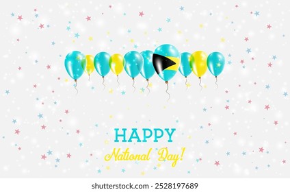 Bahamas Independence Day Sparkling Patriotic Poster. Row of Balloons in Colors of the Bahamian Flag. Greeting Card with National Flags, Confetti and Stars.