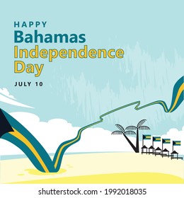 The Bahamas independence day vector illustration with a long and wavy flag, beach scenery, huts, and smaller national flags.
