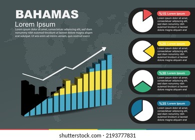 Bahamas infographic with 3D bar and pie chart, increasing values, Bahamas country flag on 3D bar graph, ups and downs data, presentation graphic idea, developing country