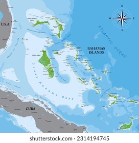 Bahamas islands highly detailed physical map