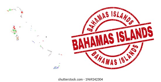 Bahamas Islands map collage and distress Bahamas Islands red circle stamp seal. Bahamas Islands stamp uses vector lines and arcs. Bahamas Islands map collage includes markers, houses, lamps, suns,