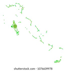Bahamas Islands Map mosaic of randomized circle elements in different sizes and eco green color hues. Vector dots are composed into bahamas islands map collage.