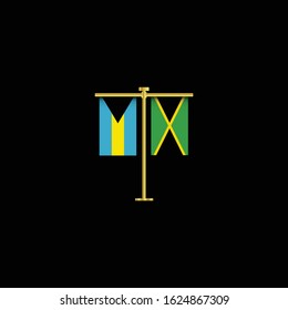 Bahamas and Jamaica friendship concept.Bahamas and Jamaica flags hanging side by side on golden poles. isolated on black bakcground