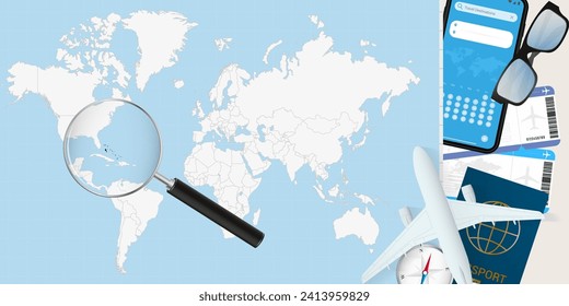 The Bahamas is magnified over a World Map, illustration with airplane, passport, boarding pass, compass and eyeglasses. Vector illustration.