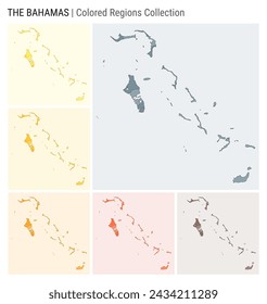 Bahamas map collection. Country shape with colored regions. Blue, Grey, Yellow, Amber, Orange, Deep Orange, Brown color palettes. Border of Bahamas with provinces for your infographic.