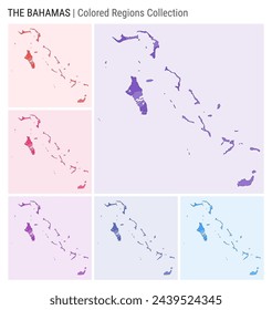 Bahamas map collection. Country shape with colored regions. Deep Purple, Red, Pink, Purple, Indigo, Blue color palettes. Border of Bahamas with provinces for your infographic. Vector illustration.