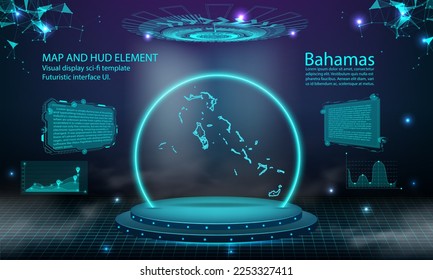 bahamas map light connecting effect background. abstract digital technology UI, GUI, futuristic HUD Virtual Interface with bahamas map. Stage futuristic podium in fog.