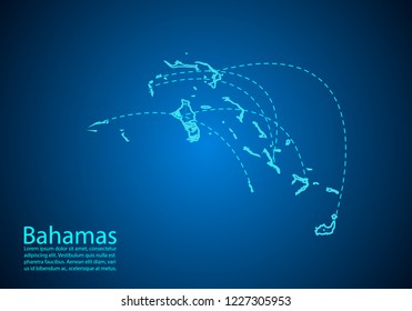 bahamas map with nodes linked by lines. concept of global communication and business. Dark bahamas map created from white dots with travel locations or internet connection.