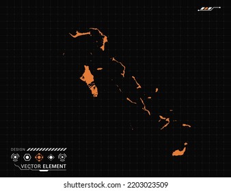 Die Bahamas-Karte des orangefarbenen digitalen Rahmens HUD, GUI, UI-Interface-Technologie Radarvektor.