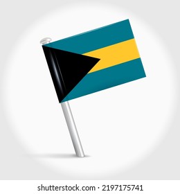 Bahamas map pin flag icon. Bahamian pennant map marker on a metal needle. 3D realistic vector illustration.