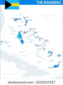 The Bahamas Map Vector Blue Spot - Customizable layered political map of the Bahamas with administrative divisions for website, education, reports, news, politics, print, poster and wallpaper