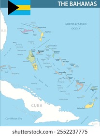 The Bahamas Map Vector New 2024 Colorful - Customizable layered political map of the Bahamas with administrative divisions for website, education, reports, news, politics, print, poster and wallpaper