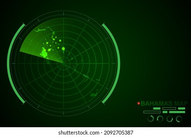 Bahamas Map - Weltkarte Internationale Vektorvorlage mit futuristischem Circle Radar-Stil HUD, GUI, UI-Schnittstelle einzeln auf dunkelgrünem Hintergrund - Vektorgrafik eps10