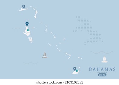 Bahamas Map -World Map International vector template High detailed with white color isolated on blue background including simple point of location, tree, boat icon - Vector illustration eps 10