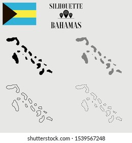 Bahamas Nassau outline world map, solid, dash line contour silhouette, national flag original proportion, vector illustration design, isolated on background, objects, symbol from countries set
