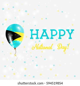 Bahamas National Day patriotic poster. Flying Rubber Balloon in Colors of the Bahamian Flag. Bahamas National Day background with Balloon, Confetti, Stars, Bokeh and Sparkles.