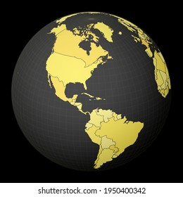 Bahamas on dark globe with yellow world map. Country highlighted with blue color. Satellite world projection centered to Bahamas. Radiant vector illustration.