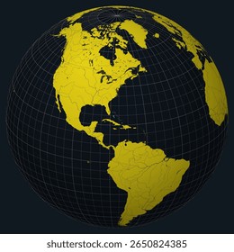 The Bahamas on Globe. Country view on the world map in Charcoal Bright Yellow color palette. Bahamas shape on map. Globe with meridians, parallels, countries, rivers and lakes.