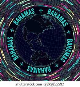 Bahamas on globe. Satelite view of the world centered to Bahamas. Bright neon style. Futuristic radial bricks background. Modern vector illustration.