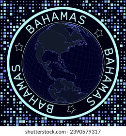 Bahamas auf dem Globus, Vektorgrafik. Futuristische Sat-Blick auf die Welt zentriert auf Bahamas. Geografische Abbildung mit Form von Land und Quadrat-Hintergrund. Helle Neonfarben auf dunklem Hintergrund.