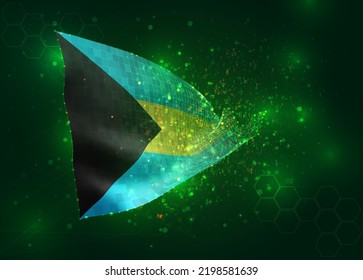 Bahamas, on vector 3d flag on green background with polygons and data numbers