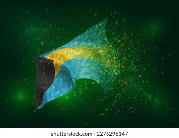 Bahamas, on vector 3d flag on green background with polygons and data numbers