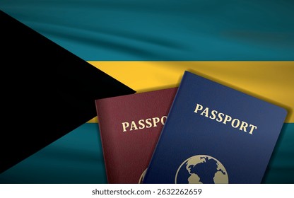 Bahamas Passports with Bahamas Flag Background	
