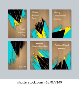 Bahamas Patriotic Cards for National Day. Expressive Brush Stroke in National Flag Colors on kraft paper background. Bahamas Patriotic Vector Greeting Card.